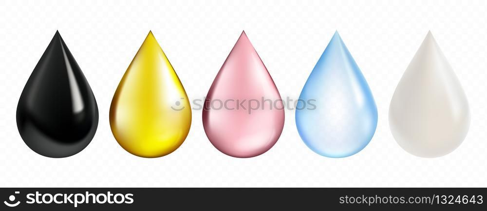 Realistic drop collection, including such items as petrol, olive oil, pink rose droplet, water and milk. High quality vector illustration for Your design.