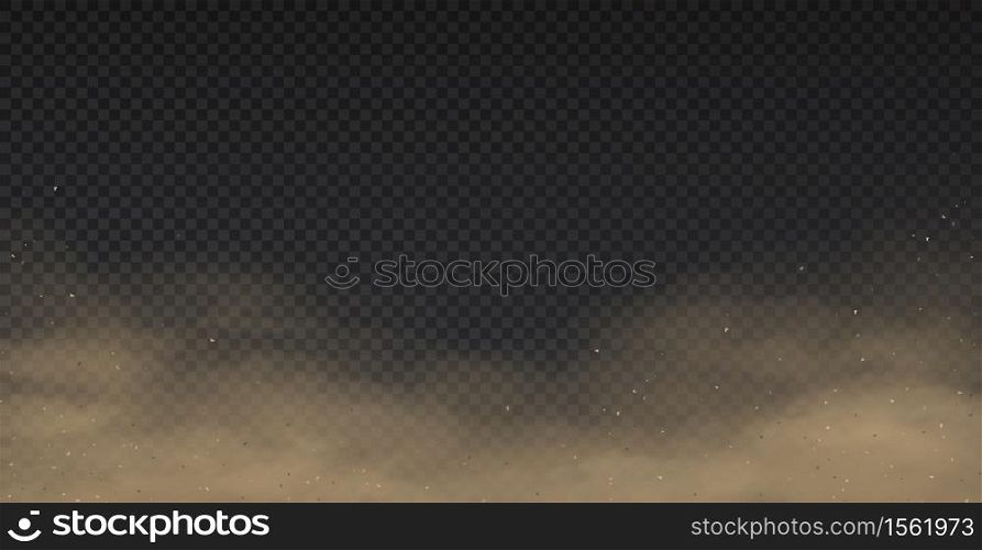 Realistic dust. Smoke effect and 3D mud powder pollution, sand storm template isolated on transparent background. Vector dust smog with sand particles in motion atmospheric air fog. Realistic dust. Smoke effect and 3D mud powder pollution, sand storm template isolated on transparent background. Vector dust smog with sand particles