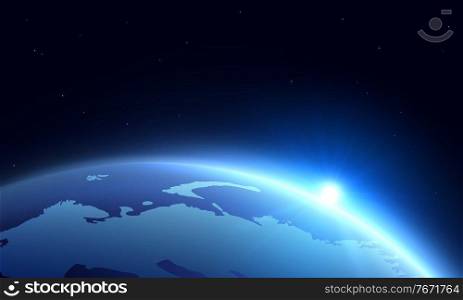 Realistic Earth globe horizon with sun rise or dusk in space. 3d vector planet of solar system with continents landscape, blue surface. Astronomical object in deep cosmos, Earth sphere on black sky. Realistic Earth globe horizon sun rise or dusk