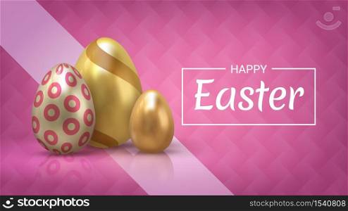 Realistic Easter egg banner. Greeting banner and invitation card with 3D golden eggs decorative elements. Vector holiday celebration postcard with pink background. Realistic Easter egg banner. Greeting banner and invitation card with 3D golden eggs decorative elements. Vector holiday celebration postcard