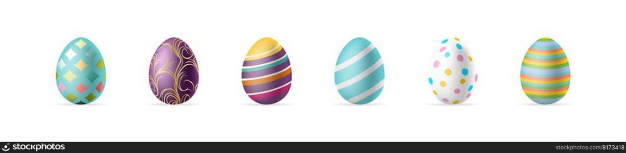Realistic Easter eggs set. Different 3D isolated egg with colourful pattern. Vector illustration