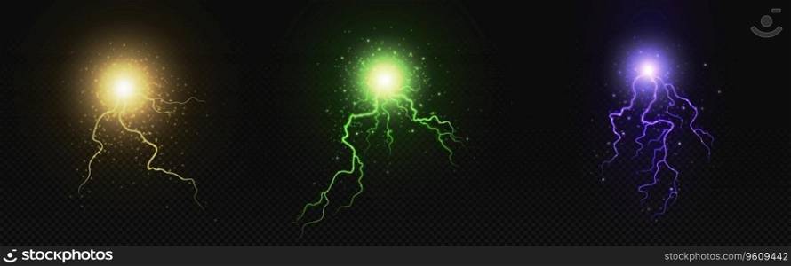Realistic electric circle bolt lightning explosion. Magic thunder power effect in green and purple color. Pain shock fantasy 3d discharge element. Neon glowing laser electrical hit burst vector. Realistic electric circle bolt lightning explosion