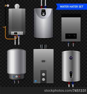 Realistic electric water heater boiler transparent icon set with isolated elements on transparent background vector illustration