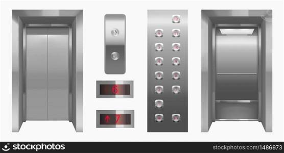 Realistic elevator cabin with closed, open doors inside view. Empty lift interior with chrome metal buttons and digital panel, office, hotel or dwelling indoors transportation 3d vector illustration. Realistic elevator cabin with closed, open doors