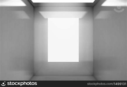Realistic elevator cabin with poster mockup inside view. Empty lift interior with chrome metal walls and illumination, office, hotel or dwelling indoors speedy transportation, 3d vector illustration. Elevator cabin with poster mockup inside view.