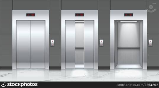 Realistic elevators and entrance doors. Metal passenger lifts. Slightly, opened and closed doorways. Modern building hallway interior. Marble floor and tiled wall. Vector lobby steel cabin gates set. Realistic elevators and entrance doors. Metal passenger lifts. Slightly, opened and closed doorways. Building hallway interior. Marble floor and tiled wall. Vector lobby cabin gates set