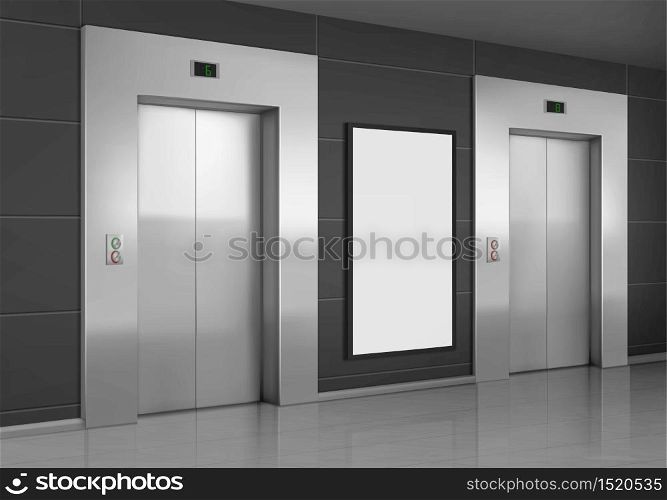 Realistic elevators with close doors and ad poster screen on wall, perspective view mockup. Office or modern hotel hallway, empty lobby interior with lifts and blank display, 3d vector illustration. Realistic elevators with close door and ad poster