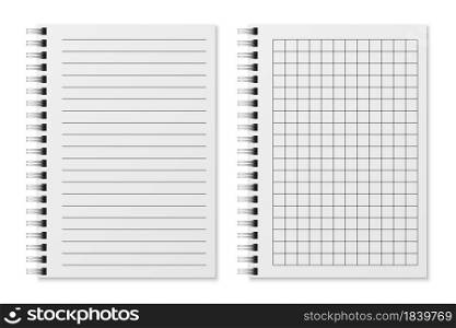 Realistic empty diary. Notebook sheets in lines and in cage, sketchbook for writing or painting. Copybook with spiral binder, paper organizer with clean sheets office or school stationery, vector set. Realistic empty diary. Notebook sheets in lines and in cage, sketchbook for writing or painting. Copybook with spiral binder, organizer with clean sheets office or school stationery vector set
