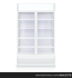 Realistic Empty Freezer. Realistic empty freezer with transparent door and shelves in white colors isolated vector illustration