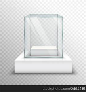 Realistic empty glass for exhibiting on transparent background isolated vector illustration. Empty Glass Showcase Transparent