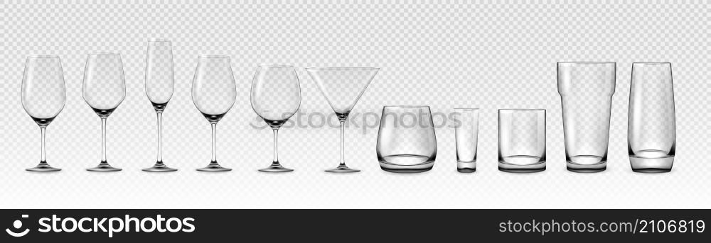 Realistic empty glasses. Glass cup and cocktail stemware mockup. Transparent glassware for wine and alcohol drinks. 3D crystal clear utensil for beverage serving. Vector isolated bar drinkware set. Realistic empty glasses. Glass cup and cocktail stemware mockup. Transparent glassware for wine and alcohol drinks. 3D crystal utensil for beverage serving. Vector bar drinkware set