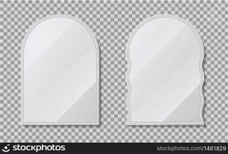 Realistic empty mirrors with reflect in mockup style. Oval mirror with empty surface on isolated background. Set of mirror decor. vector illustration. Realistic empty mirrors with reflect in mockup style. Oval mirror with empty surface on isolated background. Set of mirror decor. vector