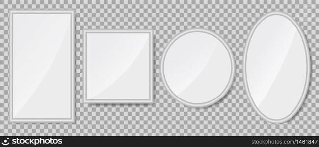 Realistic empty mirrors with reflect in mockup style. Oval mirror with empty surface on isolated background. Set of mirror decor. vector illustration. Realistic empty mirrors with reflect in mockup style. Oval mirror with empty surface on isolated background. Set of mirror decor. vector