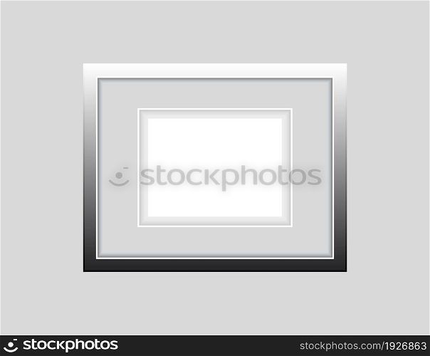 Realistic empty modern steel horizontal picture frame isolated on grey background. Vector glass photo frame for wall, interior artwork design. A4 vintage photo frame mockup template - illustration.. Realistic empty modern steel horizontal picture frame isolated on grey background. Vector glass photo frame for wall, interior artwork design. A4 vintage photo frame mockup template - illustration
