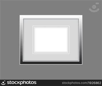 Realistic empty modern steel horizontal picture frame isolated on white background. Vector glass photo frame for wall, interior artwork design. A4 vintage photo frame mockup template - illustration. Realistic empty steel horizontal picture frame isolated on white background.