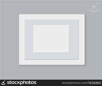 Realistic empty modern white horizontal picture frame isolated on grey background. Vector glass photo frame for wall, interior artwork design. A4 vintage photo frame mockup template - illustration. Realistic empty horizontal picture frame isolated on grey background.