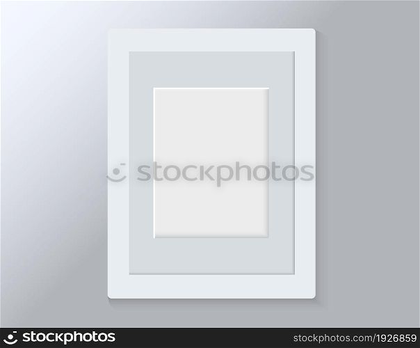 Realistic empty modern white vertical picture frame isolated on grey background. Vector glass photo frame for wall, interior artwork design. A4 vintage photo frame mockup template - illustration. Realistic empty vertical picture frame isolated on grey background.
