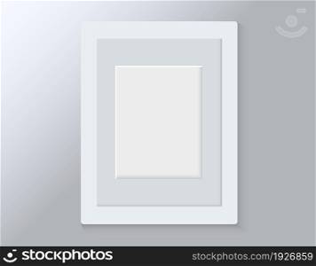 Realistic empty modern white vertical picture frame isolated on grey background. Vector glass photo frame for wall, interior artwork design. A4 vintage photo frame mockup template - illustration. Realistic empty vertical picture frame isolated on grey background.