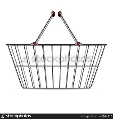 Realistic empty supermarket shopping metal basket with handles vector illustration isolated on white background. Basket cart for sale purchase in market. Realistic empty supermarket shopping metal basket with handles vector illustration isolated on white background