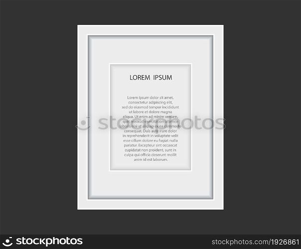 Realistic empty white vertical picture frame isolated on black background. Vector glass photo frame for wall, interior artwork design. A4 vintage wooden photo frame mockup template - illustration. Realistic empty white vertical picture frame isolated on black background