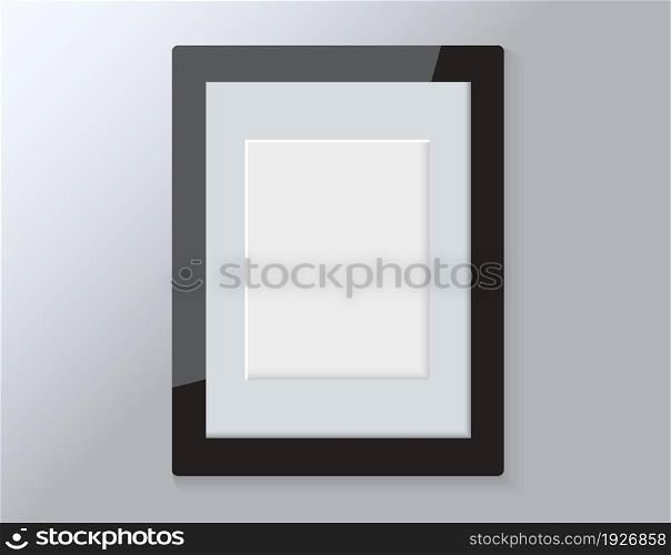 Realistic empty wooden modern horizontal picture frame isolated on grey background. Vector glass photo frame for wall, interior artwork design. A4 vintage photo frame mockup template - illustration. Realistic empty wooden modern horizontal picture frame isolated on grey background.