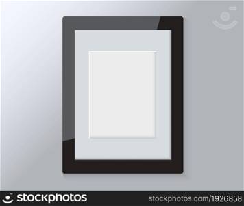 Realistic empty wooden modern horizontal picture frame isolated on grey background. Vector glass photo frame for wall, interior artwork design. A4 vintage photo frame mockup template - illustration. Realistic empty wooden modern horizontal picture frame isolated on grey background.