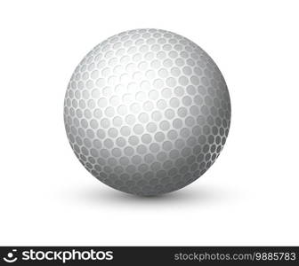 Realistic equipment for golf. 3D white game ball with detailed textured rough surface. Professional sport goods for matches and competitions. Single macro object with shadow. Vector isolated sphere. Realistic equipment for golf. 3D white game ball with textured rough surface. Professional sport goods for matches and competitions. Single object with shadow. Vector isolated sphere