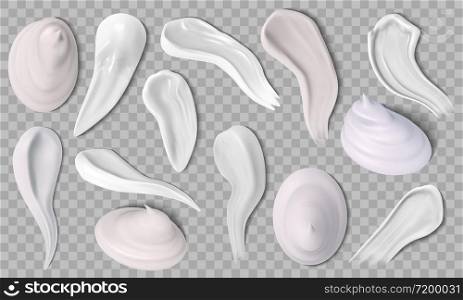 Realistic face cream. Skin creme swatches, creamy swatching of moisturizer and shaving foam. Hygienic creme smears vector icons set. Lotion cream, creamy product, makeup skincare illustration. Realistic face cream. Skin creme swatches, creamy swatching of moisturizer and shaving foam. Hygienic creme smears vector icons set