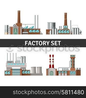 Realistic Factory Set. Realistic factory building set with chimneys windows and power isolated vector illustration