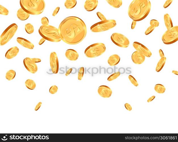 Realistic falling coins. Gold 3d coin falling down, jackpot dollar coins flying, golden dollar coins falling down vector background illustration. Many explosion, dropping rain in casino. Realistic falling coins. Gold 3d coin falling down, jackpot dollar coins flying, golden dollar coins falling down vector background illustration