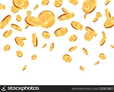 Realistic falling coins. Gold 3d coin falling down, jackpot dollar coins flying, golden dollar coins falling down vector background illustration. Many explosion, dropping rain in casino. Realistic falling coins. Gold 3d coin falling down, jackpot dollar coins flying, golden dollar coins falling down vector background illustration
