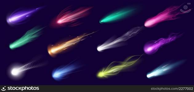 Realistic falling comets, meteors, asteroids and meteorites with fire trail. 3d cosmic shooting stars, space comet or fireballs vector set. Illustration of space comet meteor. Realistic falling comets, meteors, asteroids and meteorites with fire trail. 3d cosmic shooting stars, space comet or fireballs vector set