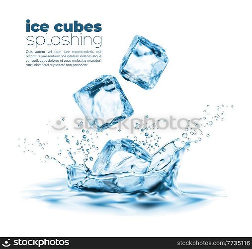 Realistic falling ice cubes and corona water splash. Translucent ice pieces falling in clear blue water with splash droplets crown, 3d realistic vector drink background, frozen pure water. Realistic falling ice cube and corona water splash