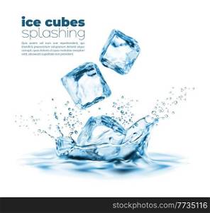 Realistic falling ice cubes and corona water splash. Translucent ice pieces falling in clear blue water with splash droplets crown, 3d realistic vector drink background, frozen pure water. Realistic falling ice cube and corona water splash