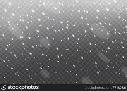 Realistic falling snow on transparent background, winter Christmas snowfall or snowstorm. Isolated vector snowflakes, Xmas white snowfall abstract texture, new year wintertime season precipitation. Realistic falling snow on transparent background