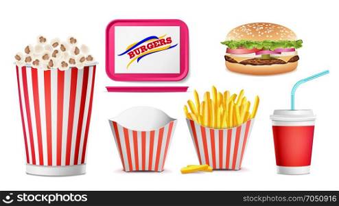 Realistic Fast Food Icons Set Vector. French Fries, Coffee, Hamburger, Cola, Tray Salver, Popcorn. Isolated Illustration. Fast Food Icons Set Vector. French Fries, Coffee, Hamburger, Cola, Tray Salver, Popcorn. Isolated On White Background Illustration