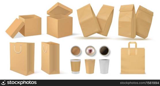 Realistic fast food pack. 3D paper snack and drinks packaging mock up set for branding design. Vector illustration food and coffee containers set isolated on white background. Realistic fast food pack. 3D paper snack and drinks packaging mock up set for branding design. Vector food and coffee containers set