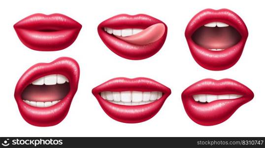 Realistic female lips. Gloss mouths with bright lipstick, 3d isolated body part, different expressions, tongue and white teeth, sticking out tongue, woman beauty red cosmetic utter vector isolated set. Realistic female lips. Gloss mouths with bright lipstick, 3d isolated body part, different expressions, tongue and white teeth, sticking out tongue, woman beauty red cosmetic utter vector set