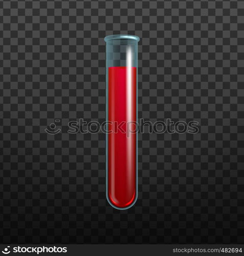 Realistic Filled Chemical Laboratory Flask Vector. Scientific Medical Equipment Flask Test Tube With Blood Or Red Liquid Isolated Detailed Image On Transparency Grid Background. 3d Illustration. Realistic Filled Chemical Laboratory Flask Vector