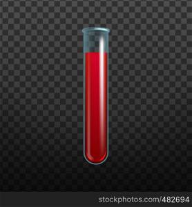 Realistic Filled Chemical Laboratory Flask Vector. Scientific Medical Equipment Flask Test Tube With Blood Or Red Liquid Isolated Detailed Image On Transparency Grid Background. 3d Illustration. Realistic Filled Chemical Laboratory Flask Vector