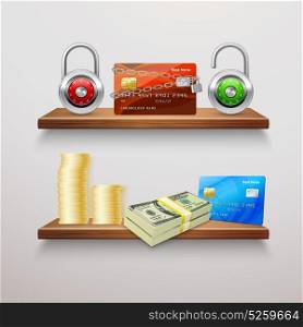 Realistic Finance Collection. Realistic finance collection with padlocks banking credit cards money cash gold coins on shelves isolated vector illustration