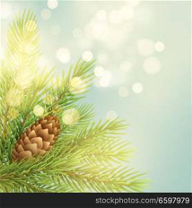 Realistic fir-tree branch with pinecone illustration. Spruce twig with bump on light background. Christmas decoration with glowing circle sparks. Postcard, banner design. Isolated vector. Realistic fir-tree branch with pinecone illustration