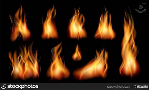 Realistic fire. Bright flames, fires flame isolated on black. Smoke effect, fireplace or burn torch vector collection. Red flare, burn realistic energy illustration. Realistic fire. Bright flames, fires flame isolated on black. Smoke effect, fireplace or burn torch vector collection