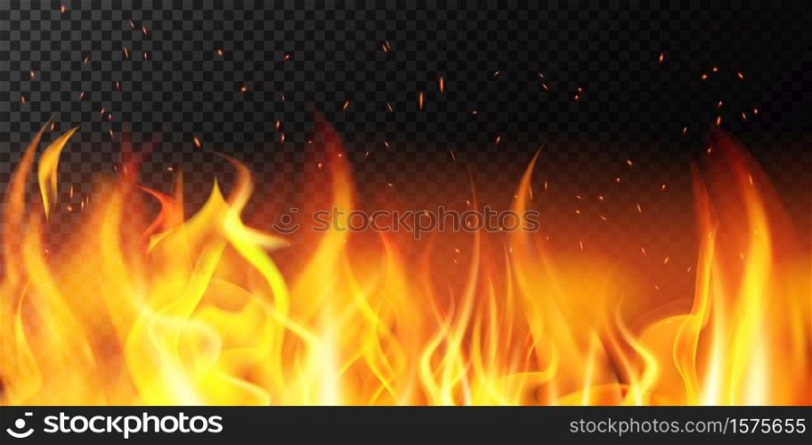 Realistic fire. Flame bright border, fiery sparkles burning banner, hot red flaming decoration vector background illustration. Fire and flammable, bonfire border. Realistic fire. Flame bright border, fiery sparkles burning banner, hot red flaming decoration vector background illustration