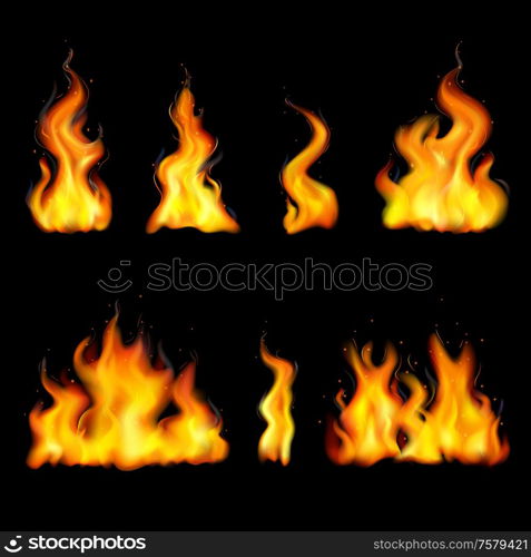 Realistic fire flame set with different shapes isolated and colored on black background vector illustration