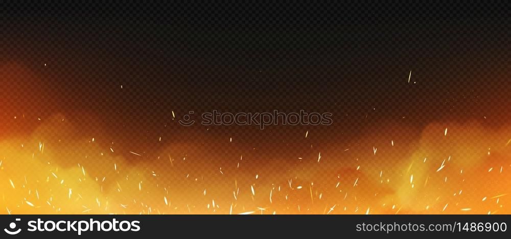 Realistic fire with smoke and weld sparks, flame isolated on transparent background. Burning campfire, blaze effect, glow orange and yellow shining flare with steam, 3d vectorframe, border. Realistic fire with smoke and weld sparks, flame