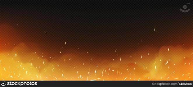Realistic fire with smoke and weld sparks, flame isolated on transparent background. Burning campfire, blaze effect, glow orange and yellow shining flare with steam, 3d vectorframe, border. Realistic fire with smoke and weld sparks, flame