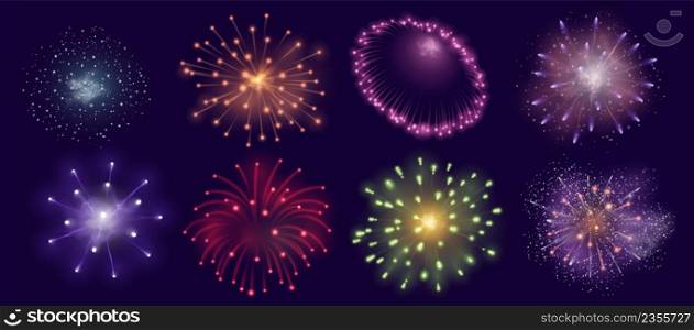 Realistic fireworks burst effect for festive, celebration or party. Firecracker explosion for diwali carnival. Night sky firework vector set. Bright birthday, new year holiday show. Realistic fireworks burst effect for festive, celebration or party. Firecracker explosion for diwali carnival. Night sky firework vector set
