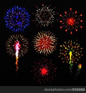 Realistic fireworks. Carnival multicolored firework explosion, christmas day celebration pyrotechnic elements isolated vector vacation multicolor backdrop set. Realistic fireworks. Carnival multicolored firework explosion, christmas day celebration pyrotechnic elements isolated vector set
