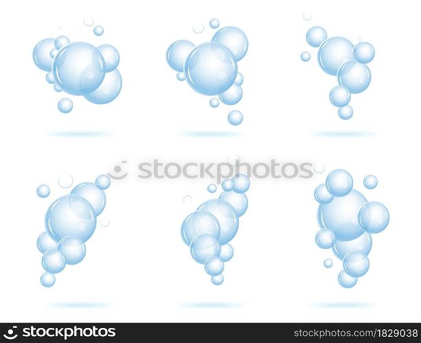 Realistic fizzing flow of air underwater bubbles in water, soda, sea. Foam bubbles. Vector illustration isolated on white background. Design set.. Realistic fizzing flow of air underwater bubbles in water, soda, sea. Foam bubbles. Vector illustration isolated on white background.